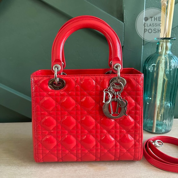 Dior Handbags - ❌SOLD❌EUC Christian Dior Lady Medium Patent Red Orange Silver HW